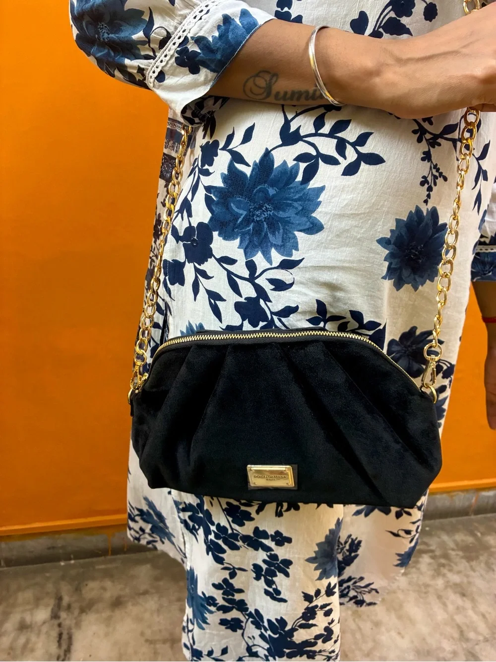 Dolce & Gabbana Black Velvet Shoulder Bag with Gold Chain